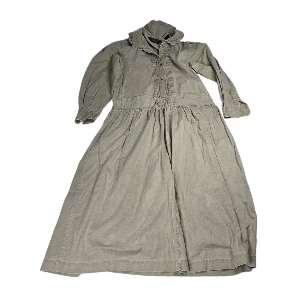 Vintage Eddie Bauer Prairie Dress Womens S Khaki Cotton Ruffle Drop Waist Midi